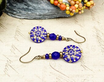 Blue Earrings, Cobalt Blue Earrings, Dahlia Earrings, Blue Flower Earrings, Blue Gold Earrings, Czech Glass Beads, Bohemian Earrings, Gifts