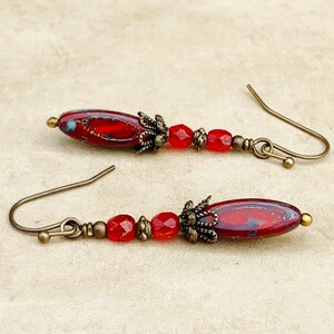 Dark Red Earrings, Siam Earrings, Red Earrings, Victorian Earrings, Red Gold Earrings, Red Dangle Earrings, Czech Glass Beads, Gifts for Her