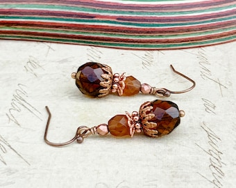 Brown Earrings, Topaz Earrings, Brown Topaz Earrings, Copper Earrings, Victorian Earrings, Vintage Style Earrings, Czech Glass Beads, Gifts