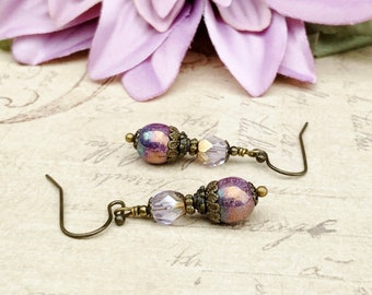 Purple Earrings, Amethyst Earrings, Purple Gold Earrings, Amethyst Gold Earrings, Bronze Earrings, Victorian Earrings, Czech Glass Beads