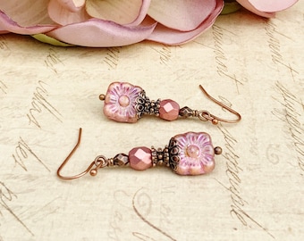 Pink Earrings, Mauve Earrings, Purple Earrings, Purple Pink Earrings, Pink Flower Earrings, Victorian Earrings, Czech Glass Beads, Gifts