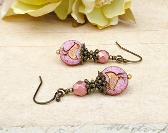 Pink Earrings, Mauve Earrings, Dusty Pink Earrings, Bird Earrings, Vintage Style Earrings, Pink Gold Earrings, Czech Glass Beads, Gifts