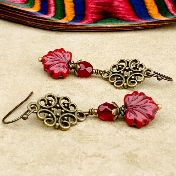 Red Earrings, Dark Red Earrings, Burgundy Earrings, Garnet Earrings, Red Leaf Earrings, Leaf Earrings, Victorian Earrings, Czech Glass Beads