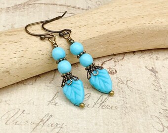 Blue Turquoise Earrings, Blue Earrings, Turquoise Earrings, Sky Blue Earrings, Leaf Earrings, Turquoise Leaf Earrings, Czech Glass Beads