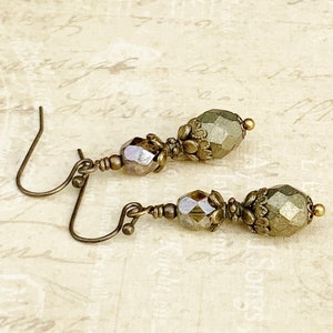 Green Earrings, Olive Green Earrings, Green Bronze Earrings, Victorian Earrings, Vintage Look Earrings, Czech Glass Beads, Unique Earrings