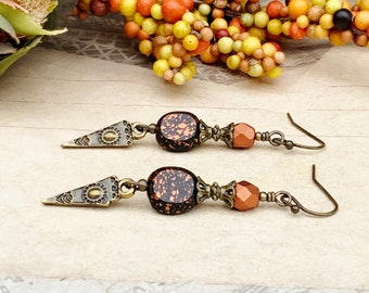 Black Earrings, Copper Earrings, Black and Copper Earrings, Black Gold Earrings, Victorian Earrings, Czech Glass Beads, Charm Earrings, Gift