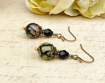 Black Earrings, Agate Earrings, Green Earrings, Black Agate Earrings, Dragon Vein Agate, Czech Glass Beads, Black Gold Earrings, Gifts