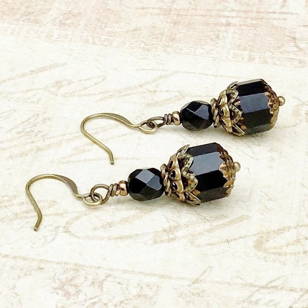 Black Earrings, Jet Black Earrings, Victorian Earrings, Czech Glass Beads, Black Gold Earrings, Vintage Look Earrings,Unique Earrings, Gifts