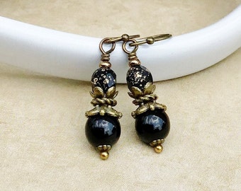 Black Earrings, Black and Gold Earrings, Black Gold Earrings, Czech Glass Beads, Small Black Earrings, Jet Black Earrings, Unique Earrings