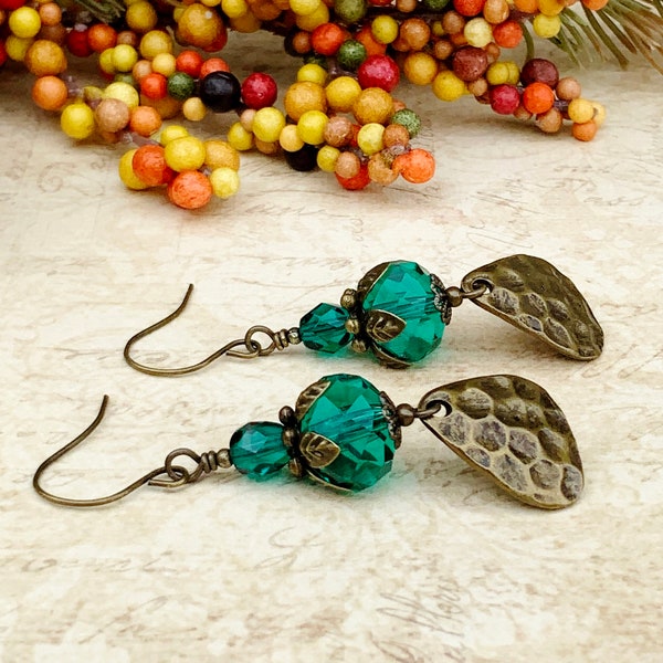 Green Earrings, Teal Earrings, Teal Green Earrings, Green Gold Earrings, Gold Dangle Earrings, Czech Glass Beads, Gifts for Her, Blue Green