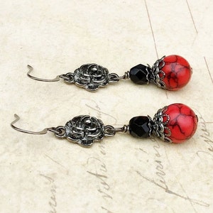 Red Earrings, Black Earrings, Red Turquoise Earrings, Gunmetal Earrings, Unique Earrings, Czech Glass Beads, Red and Black Earrings, Gifts image 1