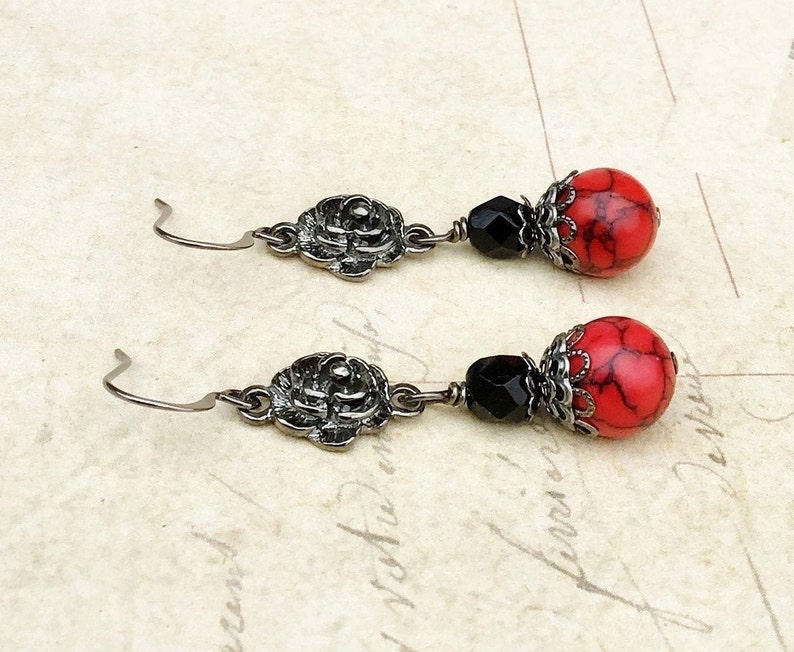 Red Earrings, Black Earrings, Red Turquoise Earrings, Gunmetal Earrings, Unique Earrings, Czech Glass Beads, Red and Black Earrings, Gifts image 1