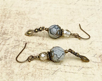 Gray Earrings, Picture Jasper Earrings, Jasper Earrings, Black Diamond Earrings, Victorian Earrings, Czech Glass Beads, Gemstone Earrings