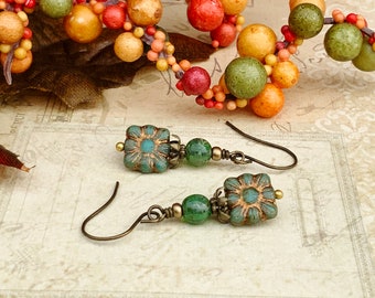 Green Earrings, Turquoise Earrings, Green Turquoise Earrings, Green Flower Earrings, Aqua Earrings, Victorian Earrings, Czech Glass Beads