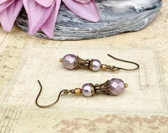 Mauve Earrings, Purple Earrings, Light Purple Earrings, Purple Pearl Earrings, Purple Gold Earrings, Victorian Earrings, Czech Glass Beads