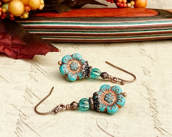 Green Earrings, Turquoise Earrings, Green Turquoise Earrings, Turquoise Flower Earrings, Copper Earrings, Czech Glass Beads, Flower Earrings