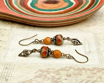 Orange Earrings, Burnt Orange Earrings, Orange Gold Earrings, Victorian Earrings, Vintage Style Earrings, Czech Glass Beads, Gifts for Her