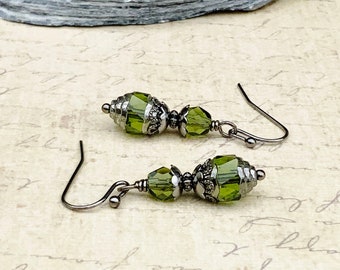 Green Earrings, Olive Earrings, Olive Green Earrings, Olivine Earrings, Gunmetal Earrings, Victorian Earrings, Czech Glass Beads, Gifts