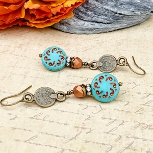 Turquoise Earrings, Orange Earrings, Copper Earrings, Turquoise Blue Earrings, Blue Green Earrings, Czech Glass Beads, Victorian Earrings