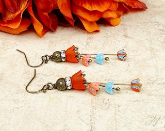 Red Orange Earrings, Blue Earrings, Blue Orange Earrings, Heart Earrings, Flower Earrings,  Orange Earrings, Czech Glass Beads, Gifts