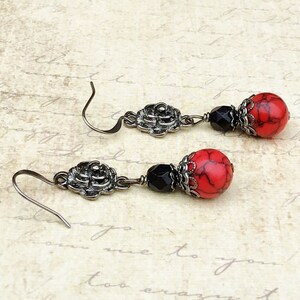Red Earrings, Black Earrings, Red Turquoise Earrings, Gunmetal Earrings, Unique Earrings, Czech Glass Beads, Red and Black Earrings, Gifts image 6