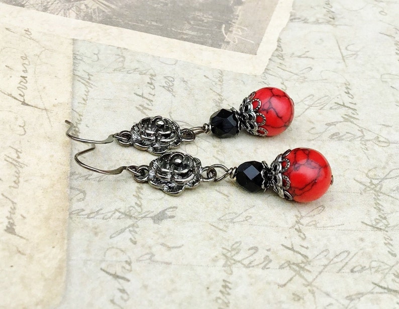 Red Earrings, Black Earrings, Red Turquoise Earrings, Gunmetal Earrings, Unique Earrings, Czech Glass Beads, Red and Black Earrings, Gifts image 7