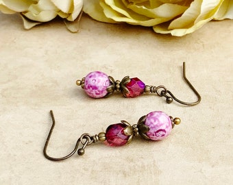 Dark Pink Earrings, Pink Earrings, Violet Earrings, White Earrings, Purple Earrings, Czech Glass Beads, Victorian Earrings, Unique Earrings