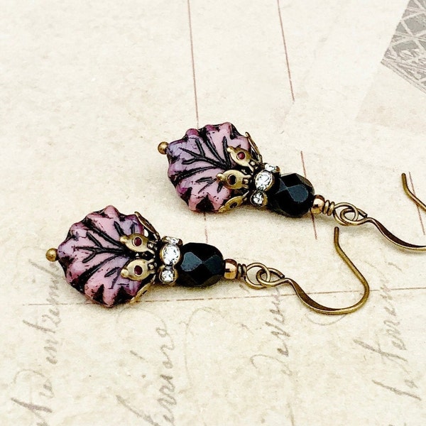 Pink Earrings, Black Earrings, Pink Black Earrings, Leaf Earrings, Maple Leaf Earrings, Unique Earrings, Czech Glass Beads, Gifts for Her