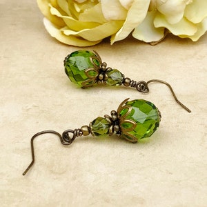 Green Earrings, Olive Green Earrings, Olivine Earrings, Olive Earrings, Green Gold Earrings, Victorian Earrings, Vintage Style Earrings