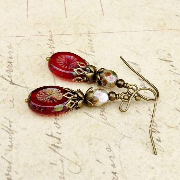 Red Earrings, Ruby Earrings, Green Earrings, Czech Glass Beads, Victorian Earrings, Victorian Wedding, Womens Earrings, Unique Earrings