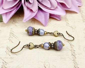 Purple Earrings, Lavender Earrings, Heart Earrings, Light Purple Earrings, Purple Star Earrings, Czech Glass Beads, Purple Gold Earrings