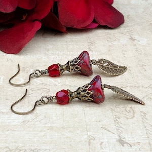 Red Earrings, Ruby Earrings, Ruby Red Earrings, Dark Red Earrings, Red Flower Earrings, Leaf Earrings, Czech Glass Beads, Victorian Earrings