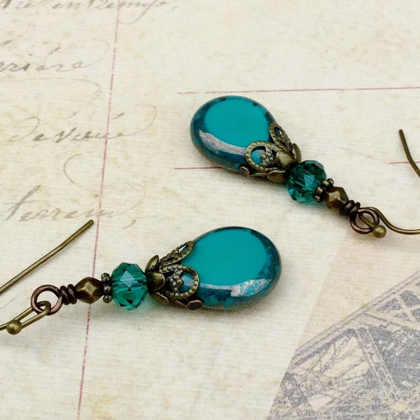 Victorian Earrings, Teal Earrings,Turquoise Earrings, Green Earrings, Czech Glass Beads,Antique Gold Earrings, Bridal Earrings, Gift for Her