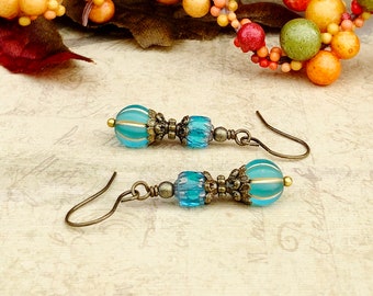 Blue Earrings, Aqua Earrings, Aqua Blue Earrings, Blue Gold Earrings, Aqua Gold Earrings, Victorian Earrings, Czech Glass Beads, Gifts