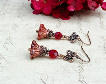 Red Earrings, Ruby Earrings, Red Flower Earrings, Ruby Flower Earrings, Copper Earrings, Bell Flower Earrings, Czech Glass Beads, Gifts