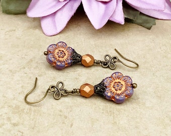 Purple Earrings, Purple Flower Earrings, Copper Earrings, Orange Earrings, Lavender Earrings, Czech Glass Beads, Victorian Earrings, Gifts