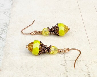 Yellow Earrings, Yellow Dangle Earrings, Wasabi Earrings, Yellow Copper Earrings, Copper Earrings, Czech Glass Beads, Crystal Earrings,Gifts