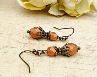 Orange Earrings, Dark Orange Earrings, Vintage Style Earrings, Victorian Earrings, Czech Glass Beads, Red Orange Earrings, Gifts for Her