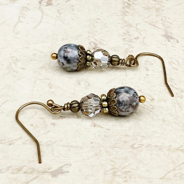 Gray Earrings, Black Diamond Earrings, Gray Crystal Earrings, Gray and Gold Earrings, Victorian Earrings, Czech Glass Beads, Gifts for Her