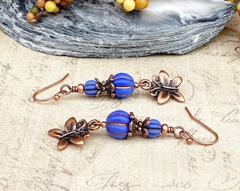 Blue Earrings, Copper and Blue Earrings, Bright Blue Earrings, Butterfly Earrings, Copper Earrings, Victorian Earrings, Czech Glass Beads