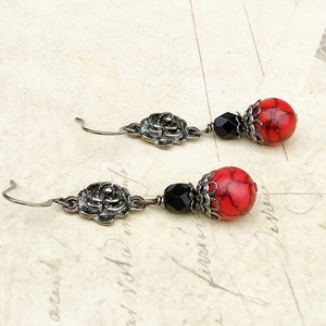 Red Earrings, Black Earrings, Red Turquoise Earrings, Gunmetal Earrings, Unique Earrings, Czech Glass Beads, Red and Black Earrings, Gifts image 9