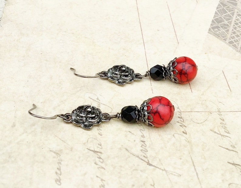 Red Earrings, Black Earrings, Red Turquoise Earrings, Gunmetal Earrings, Unique Earrings, Czech Glass Beads, Red and Black Earrings, Gifts image 9