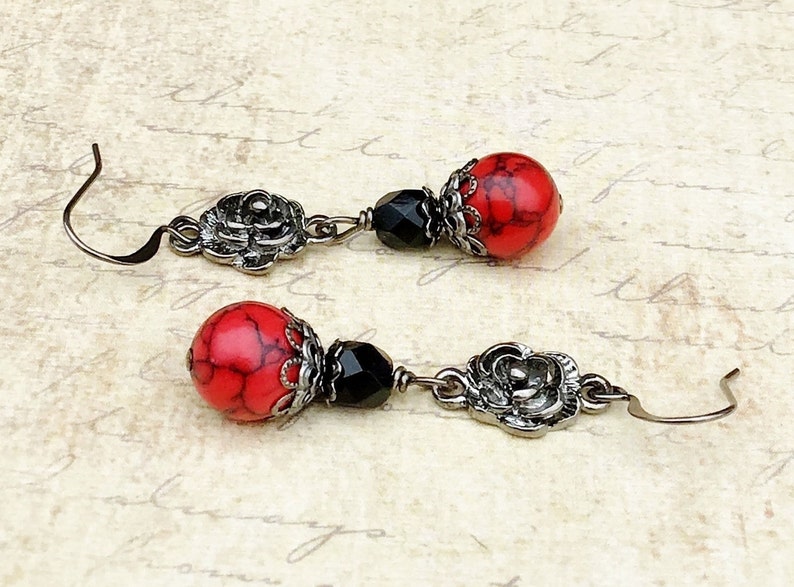 Red Earrings, Black Earrings, Red Turquoise Earrings, Gunmetal Earrings, Unique Earrings, Czech Glass Beads, Red and Black Earrings, Gifts image 2