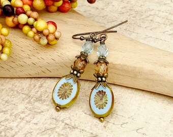 Blue Earrings, Aquamarine Earrings, Topaz Earrings, Yellow Earrings, Blue Gold Earrings, Victorian Earrings, Czech Glass Beads, Gifts