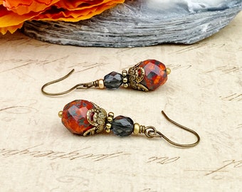 Gray Earrings, Orange Earrings, Picasso Earrings, Victorian Earrings, Vintage Style Earrings, Czech Glass Beads, Dark Orange Earrings, Gifts