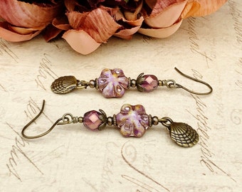 Purple Earrings, Lilac Earrings, Shell Earrings, Purple Gold Earrings, Purple Flower Earrings, Victorian Earrings, Czech Glass Beads, Gifts