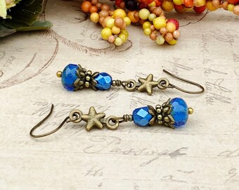 Blue Earrings, Sapphire Earrings, Navy Earrings, Star Earrings, Gold Star Earrings, Blue Gold Earrings, Victorian Earrings, Czech Glass Bead