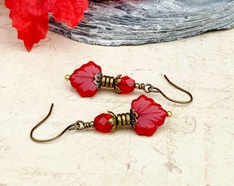 Red Earrings, Bright Red Earrings, Red Leaf Earrings, Red and Gold Earrings, Leaf Earrings, Victorian Earrings, Czech Glass Beads, Gifts