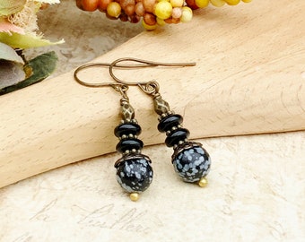 Black Earrings, Snowflake Obsidian Earrings, Obsidian Earrings, Gray Earrings, Black Obsidian Earrings, Victorian Earrings, Czech Beads