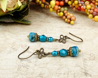 Blue Earrings, Turquoise Earrings, Teal Earrings, Blue Green Earrings, Victorian Earrings, Czech Glass Beads, Vintage Style Earrings, Gifts